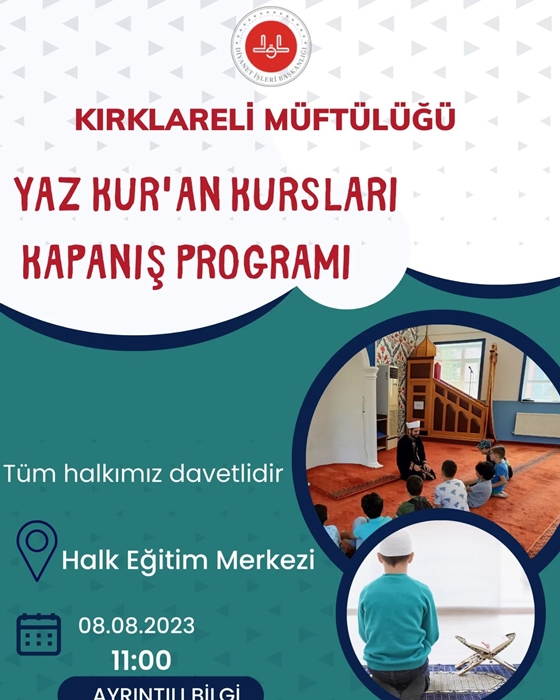 Kırklareli İl Müftülüğü, Yaz Kur'an Kursları Kapanış Programı İçin Davet Etti