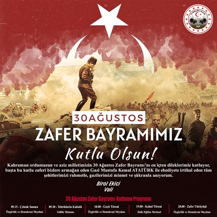 Vali Ekici’den “30 Ağustos Zafer Bayramı” Mesajı