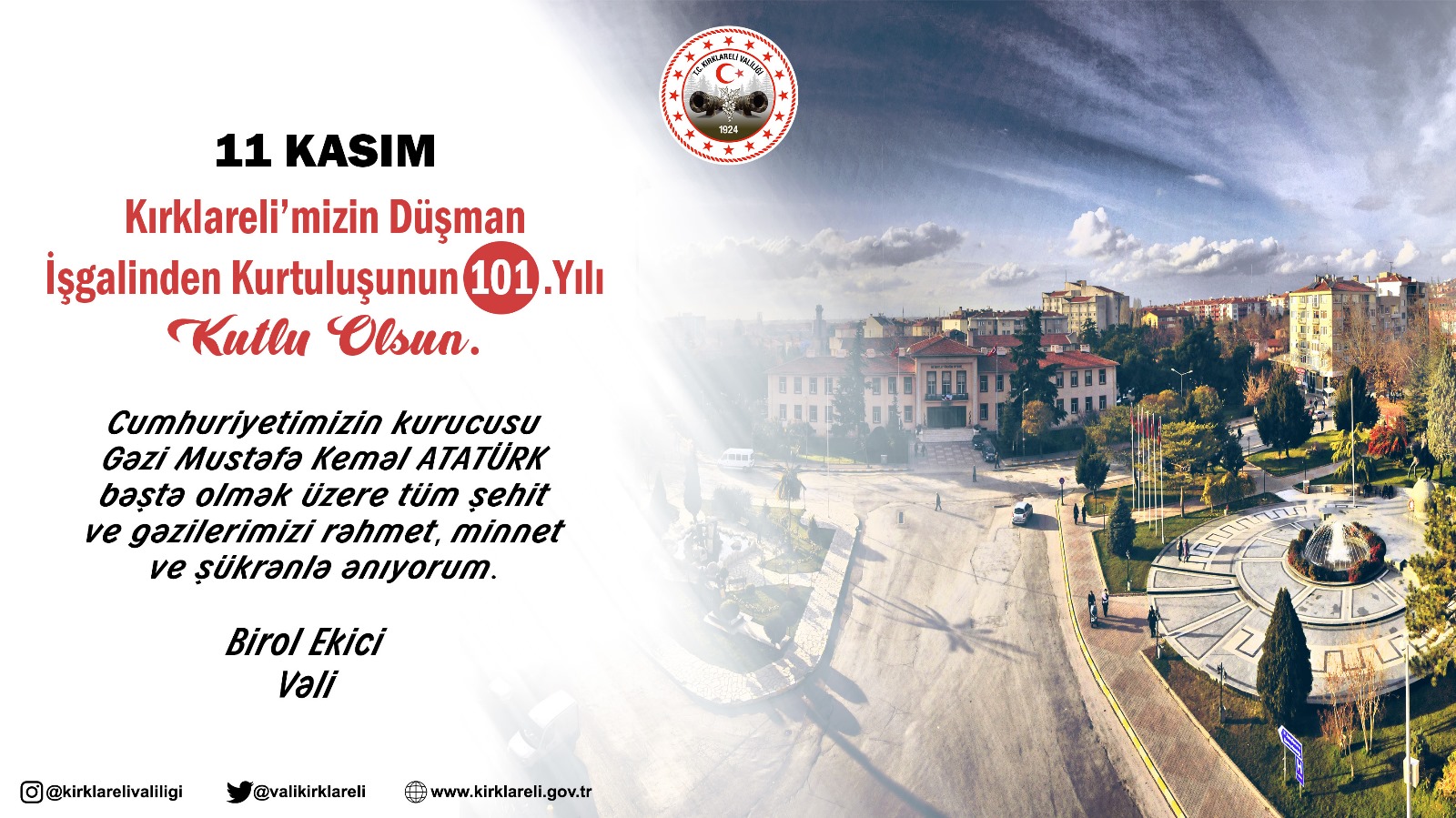 Vali Ekici Yayınladığı Mesaj İle Kırklareli'nin Kurtuluş Yıl Dönümünü Kutladı